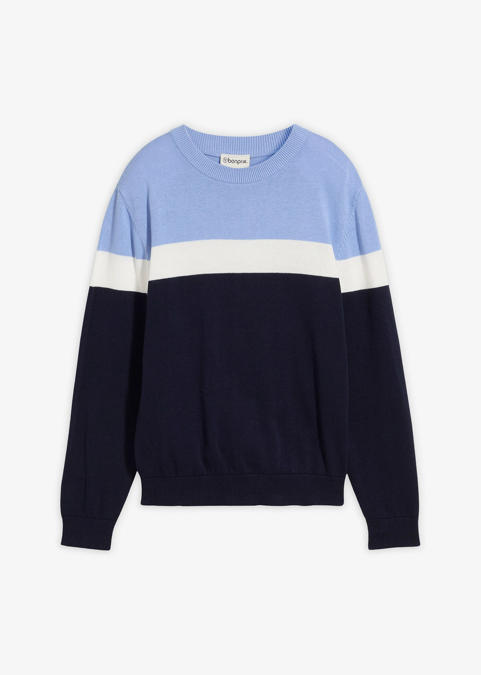 Λεπτό πουλόβερ από καθαρό βαμβάκι-Μπλε σκούρο/Λευκό κρεμ/Μπλε περλέ-bonprix