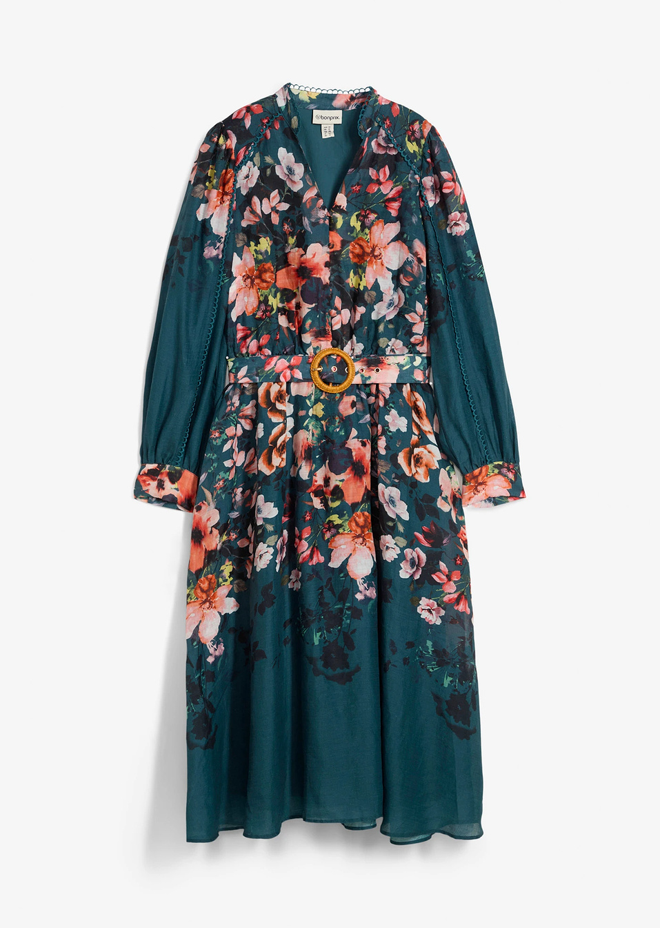 Φόρεμα midi από ramiè με ζώνη-Πράσινο του πιπεριού-bonprix