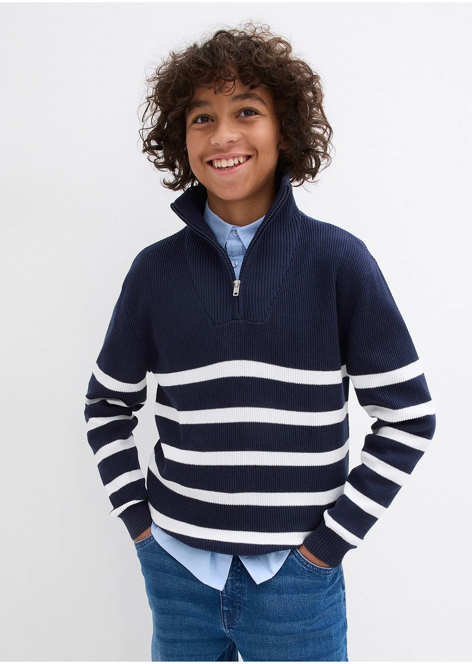 Πουλόβερ με μεσαίο φερμουάρ από λεπτό νήμα από καθαρό βαμβάκι-bonprix