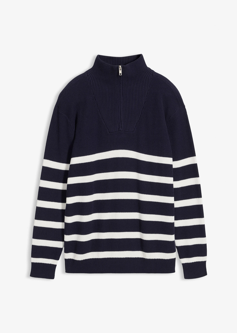 Пуловер с цип на яката и фина плетка от чист памук-Тъмно синьо/Кремаво бяло райе-bonprix
