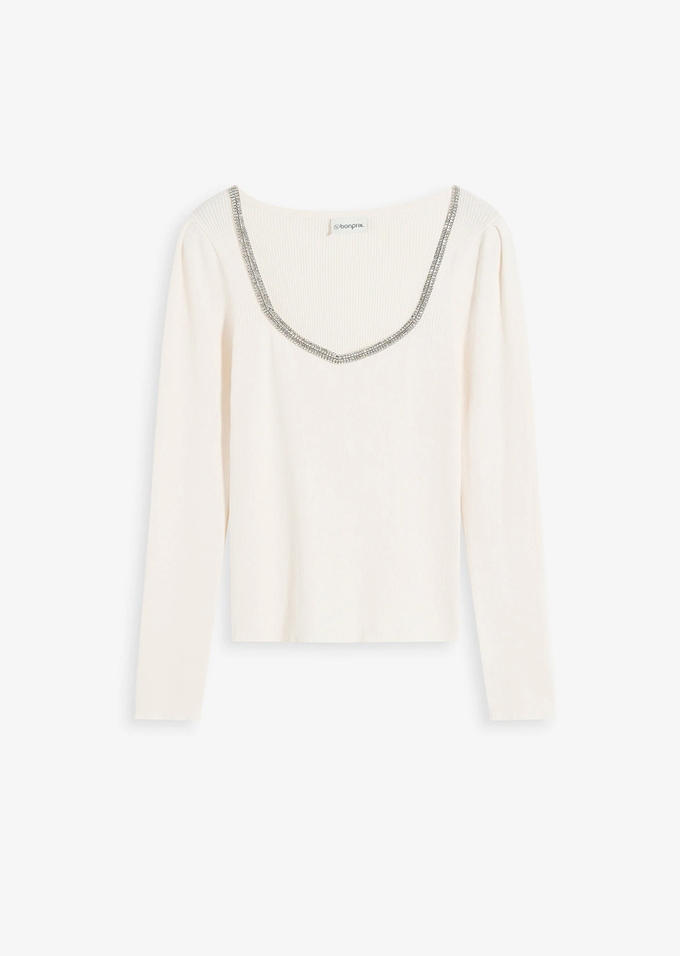 Πουλόβερ από λεπτό νήμα με λαμπερή λεπτομέρεια-Λευκό κρεμ-bonprix