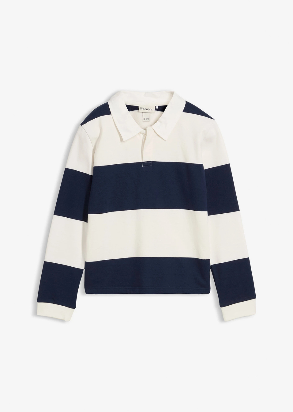 Φούτερ σε στυλ πόλο από καθαρό βιολογικό βαμβάκι-Μπλε σκούρο/Λευκό κρεμ ριγέ-bonprix