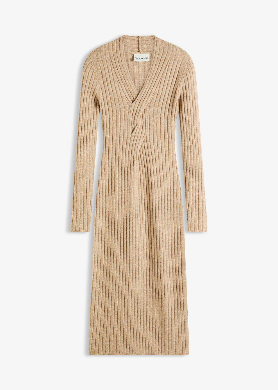 Πλεκτό φόρεμα από σύμμεικτο μαλλί-Μπεζ μελανζέ-bonprix