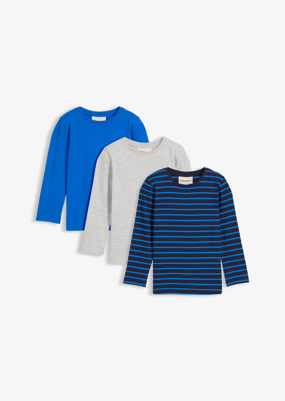 Блуза с дълъг ръкав от био памук (опаковка с 3 бр.)-Светло сиво меланж + Лазурно синьо + Тъмно синьо райе-bonprix