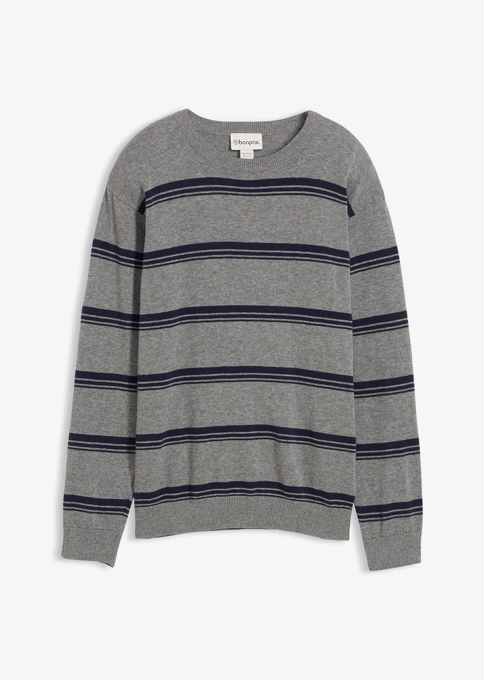 Пуловер с фина плетка от чист памук-Сиво меланж/Тъмно синьо райе-bonprix