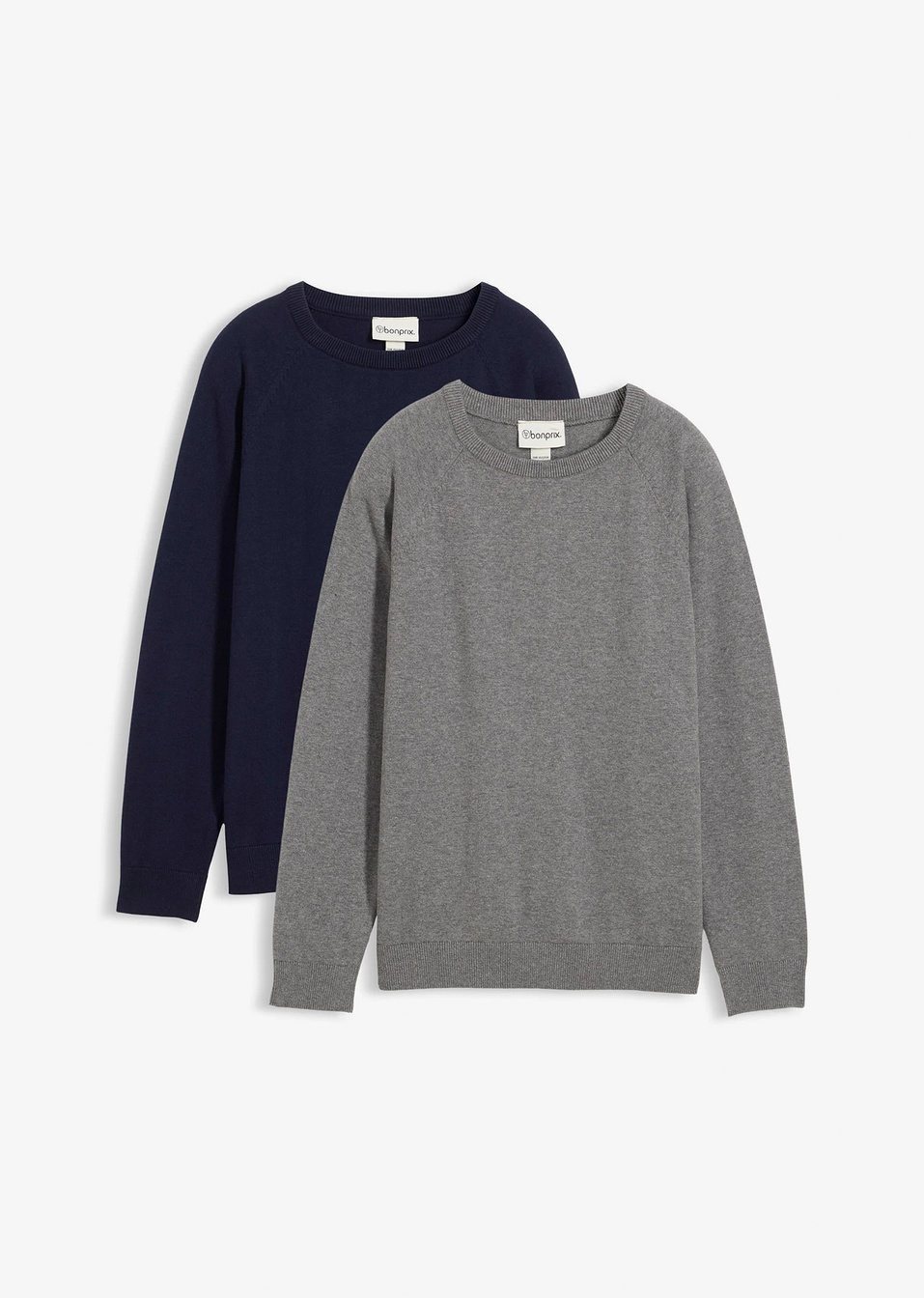 Пуловер с фина плетка-Сиво меланж + Тъмно синьо-bonprix