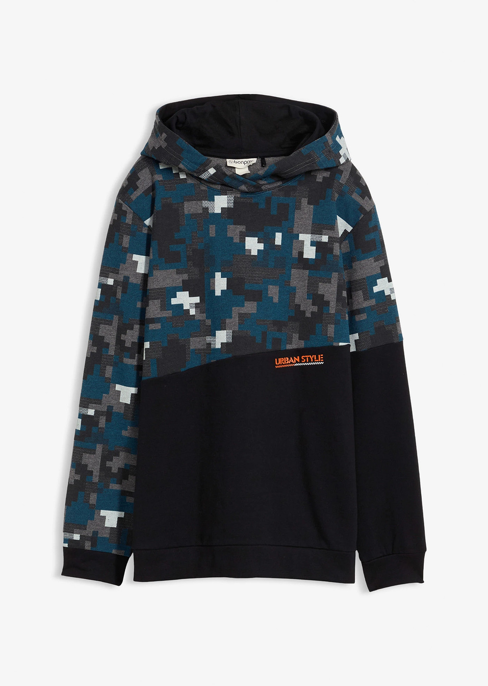 Φούτερ με κουκούλα-Μαύρο/Γκρι μελανζέ-bonprix