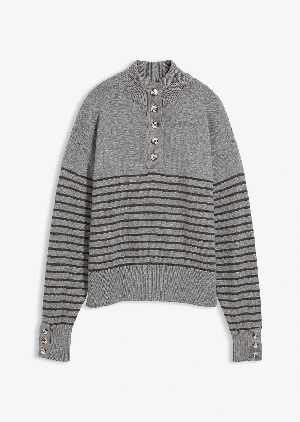 Πουλόβερ με κουμπιά-Γκρι μελανζέ/Ανθρακί ριγέ-bonprix