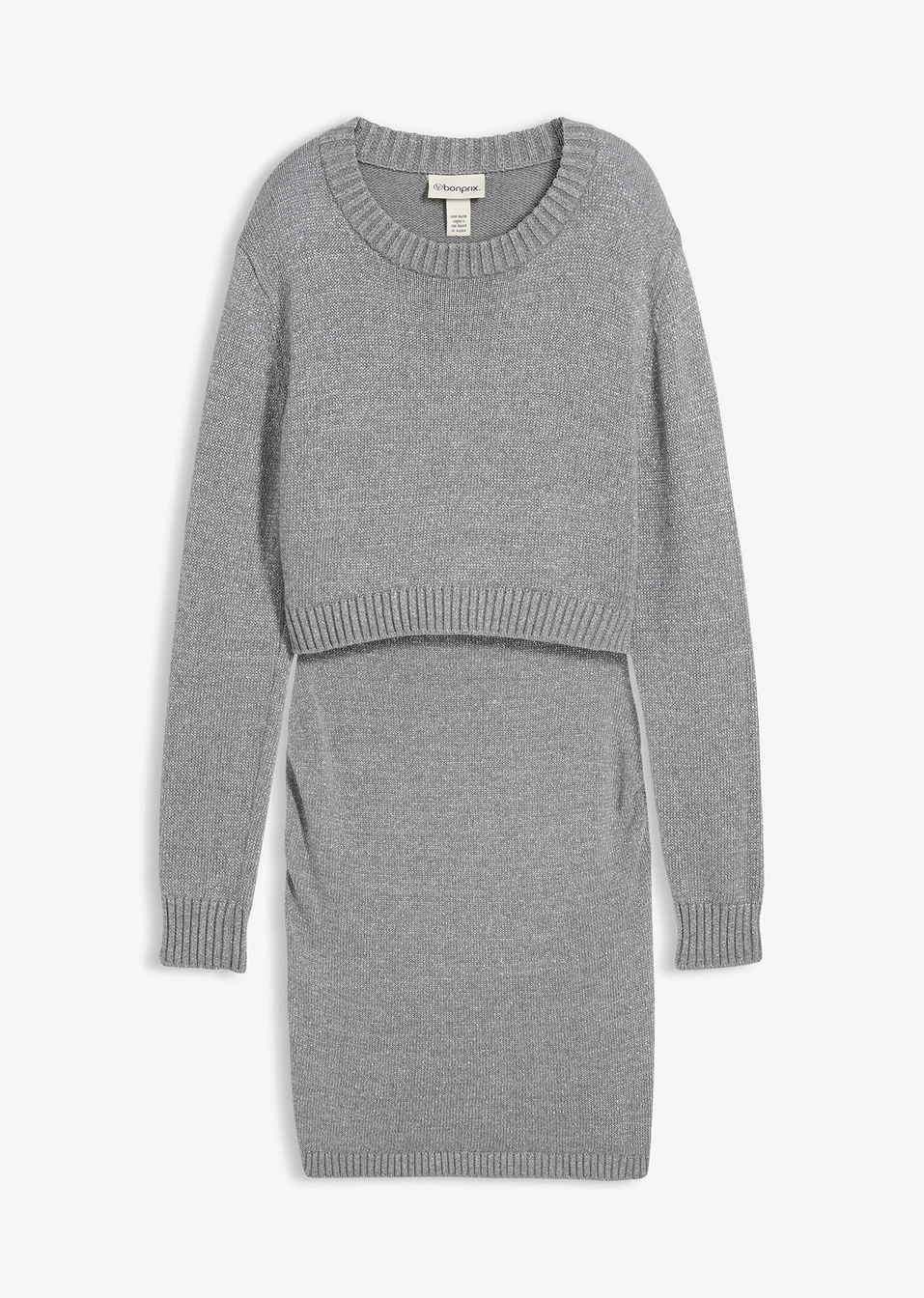 Σετ εγκυμοσύνης 2 τεμ.: πουλόβερ και φούστα από βαμβάκι με γυαλιστερό νήμα-Γκρι μελανζέ-bonprix