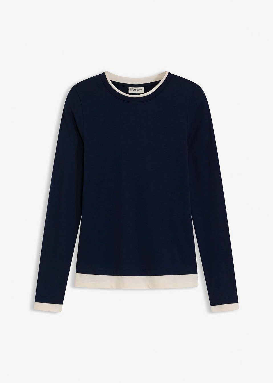 Μακρυμάνικη μπλούζα από σύμμεικτο βαμβάκι-Μπλε του μελανιού/Λευκό περλέ-bonprix