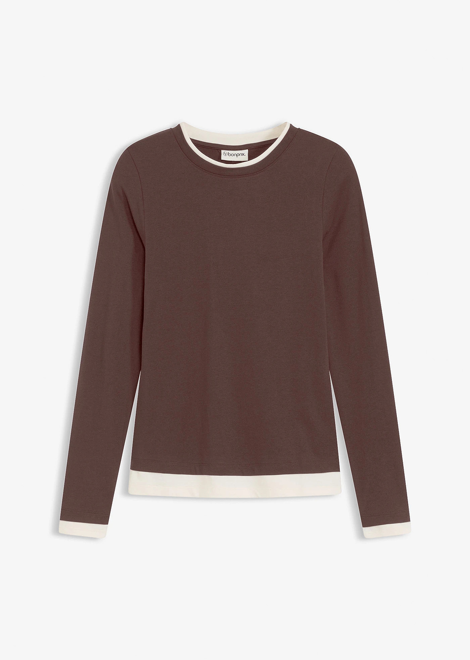 Μακρυμάνικη μπλούζα από σύμμεικτο βαμβάκι-Καφέ σκούρο/Λευκό περλέ-bonprix