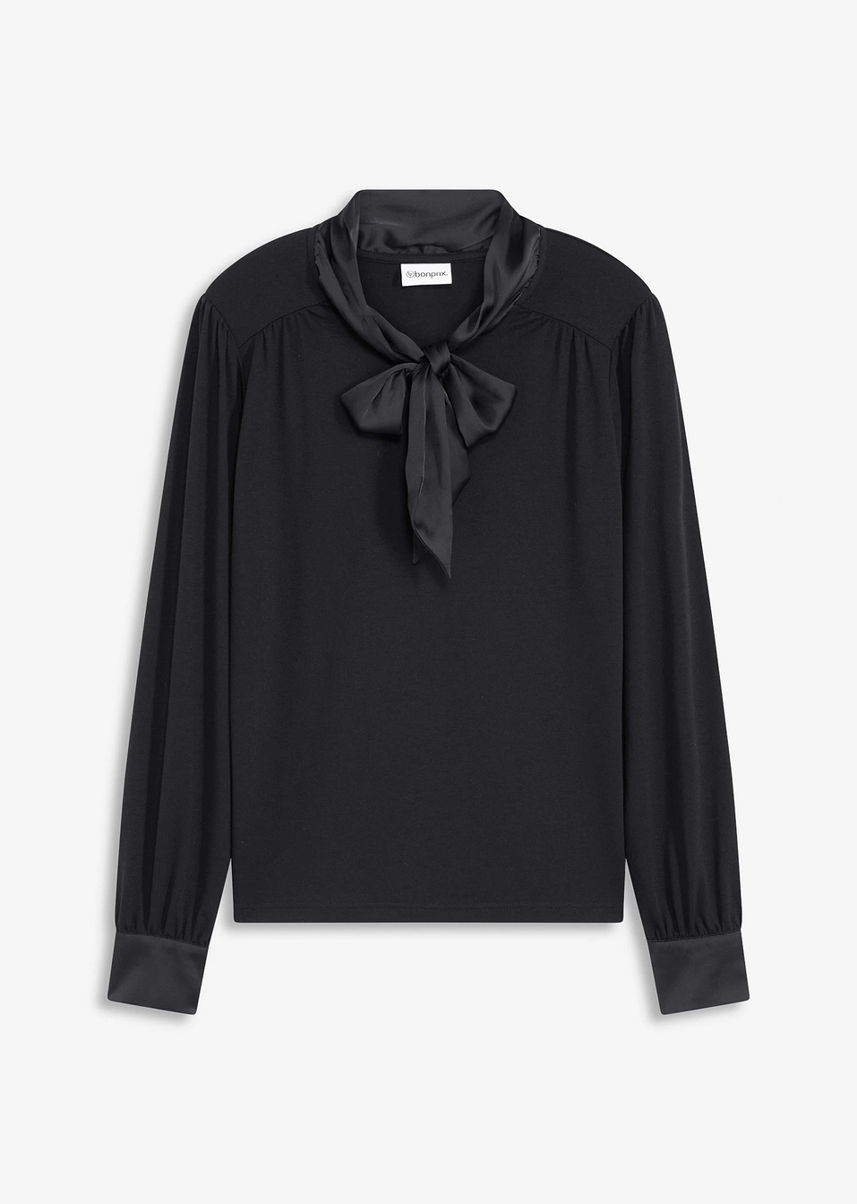 Μπλούζα με βισκόζη και σατέν φιόγκο-Μαύρο-bonprix