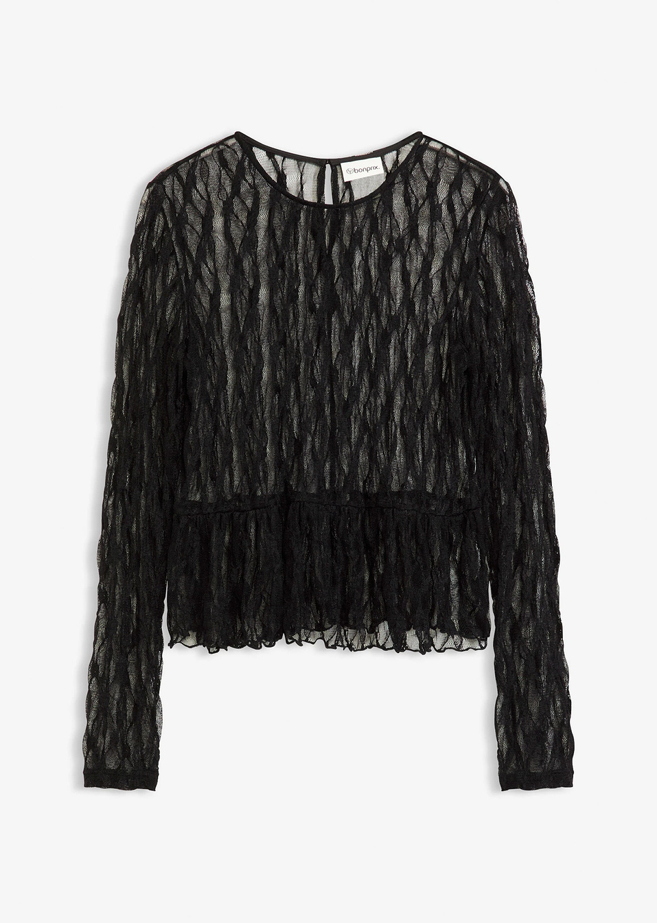Μακρυμάνικη μπλούζα από δαντέλα-Μαύρο-bonprix