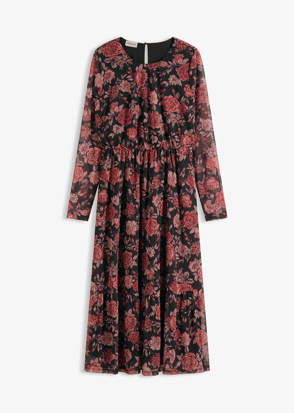 Φόρεμα midi από μαλακό mesh-Μαύρο φλοράλ-bonprix