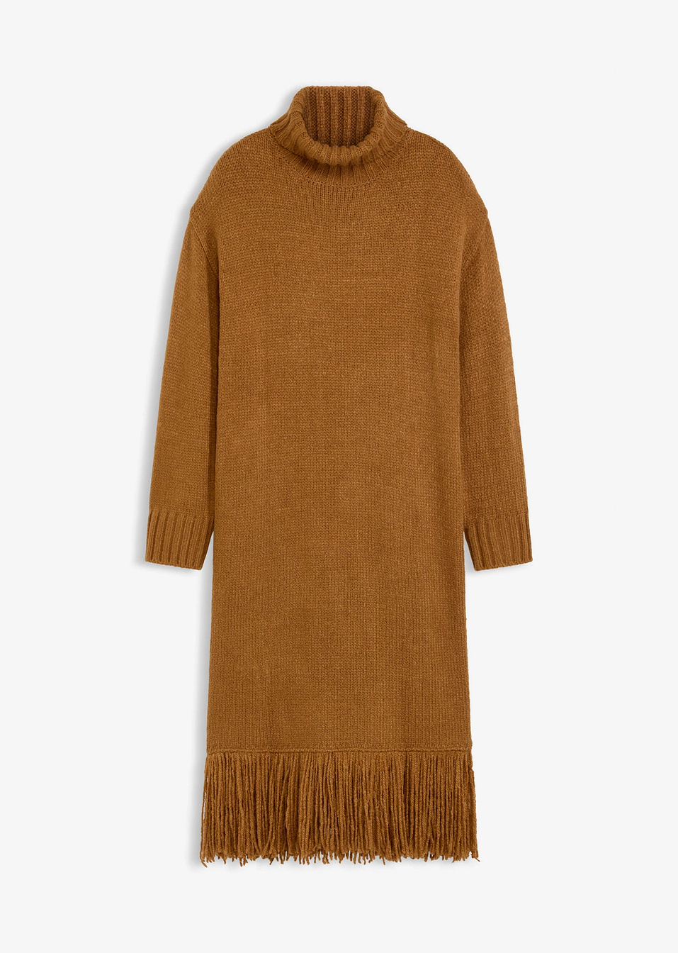 Πλεκτό φόρεμα με κρόσσια στο τελείωμα-Καφέ του κονιάκ-bonprix