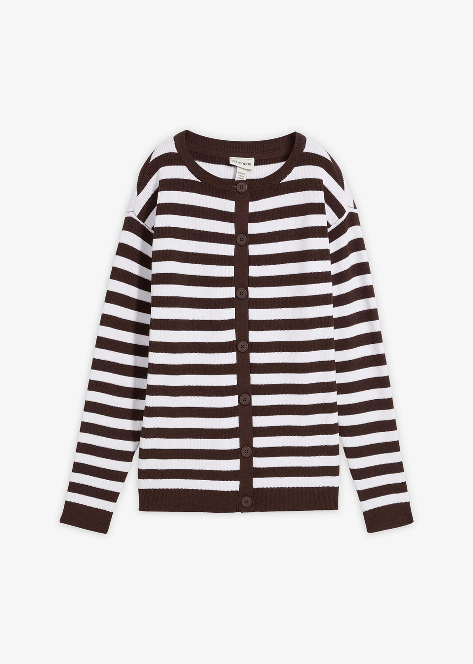 Ζακέτα χωρίς γιακά από λεπτό νήμα-Καφέ σκούρο/Λευκό ριγέ-bonprix