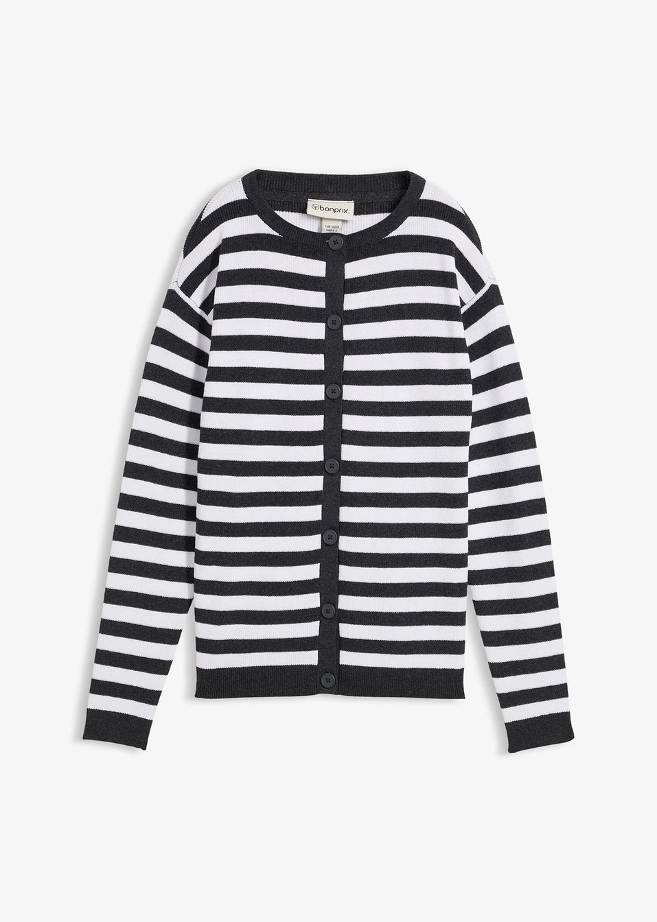 Ζακέτα χωρίς γιακά από λεπτό νήμα-Γκρι σκούρο/Λευκό ριγέ-bonprix