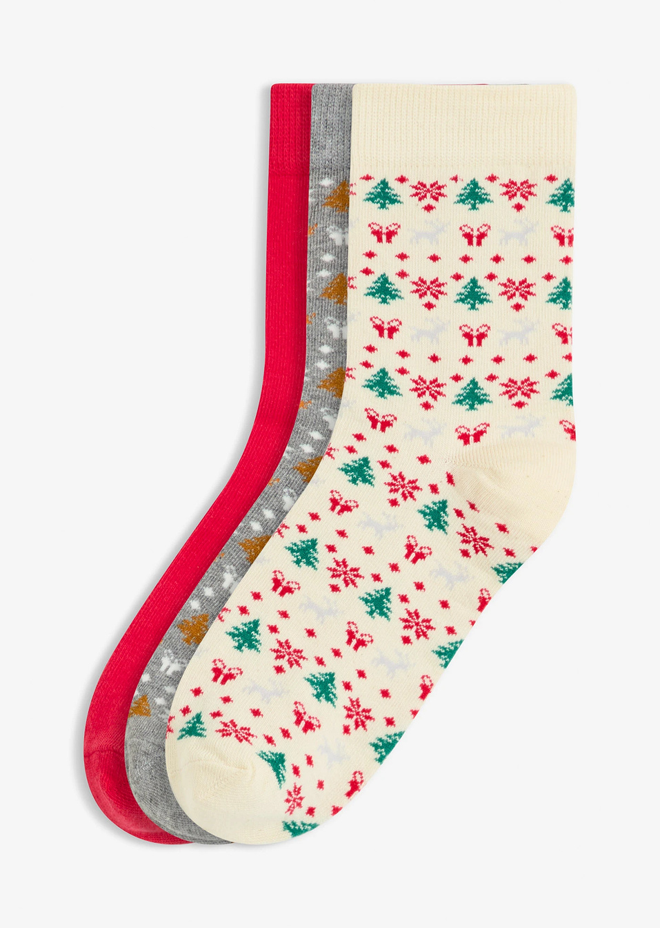 Χριστουγεννιάτικες κάλτσες με βιολογικό βαμβάκι (συσκευασία 3 ζευγαριών)-Λευκό κρεμ/Καφέ του ελαφιού/Ασημί ματ-bonprix