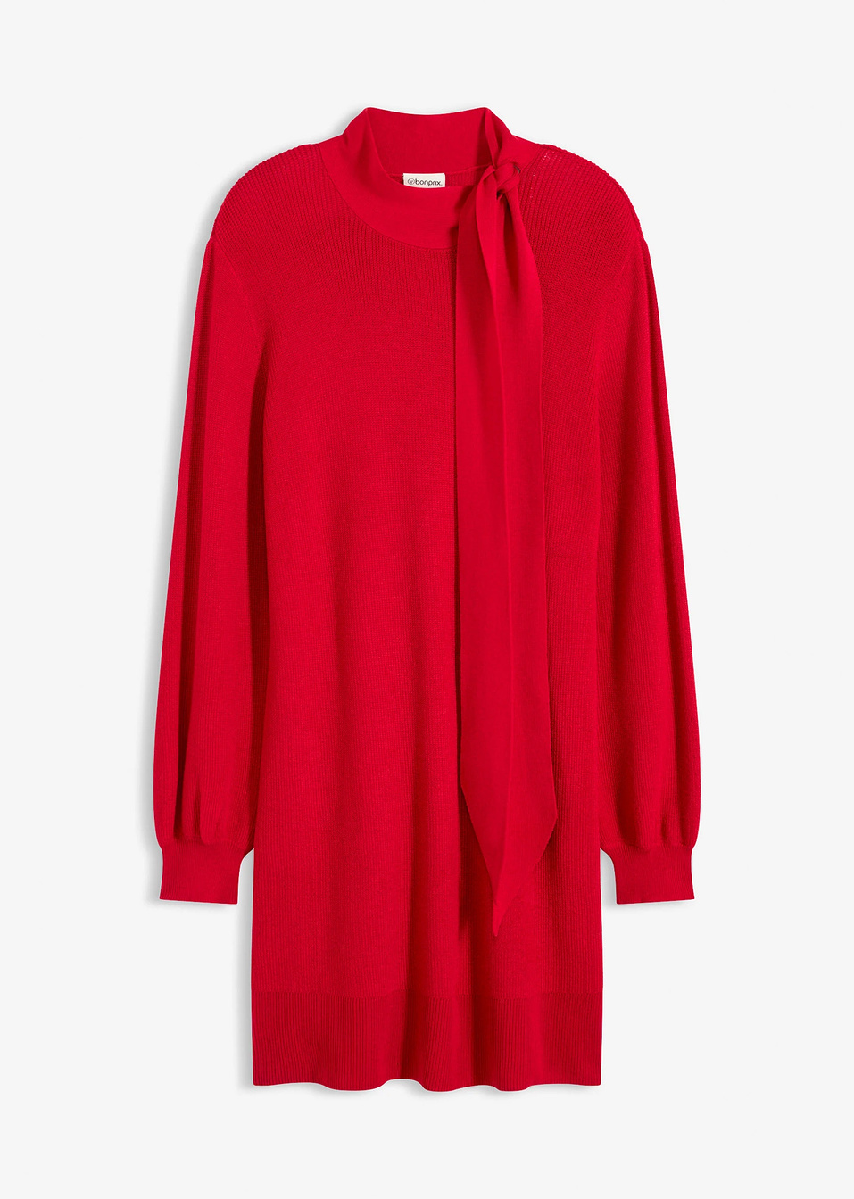 Πλεκτό φόρεμα με φιόγκο από μαλακή σύμμεικτη βισκόζη-Κόκκινο της ντομάτας-bonprix